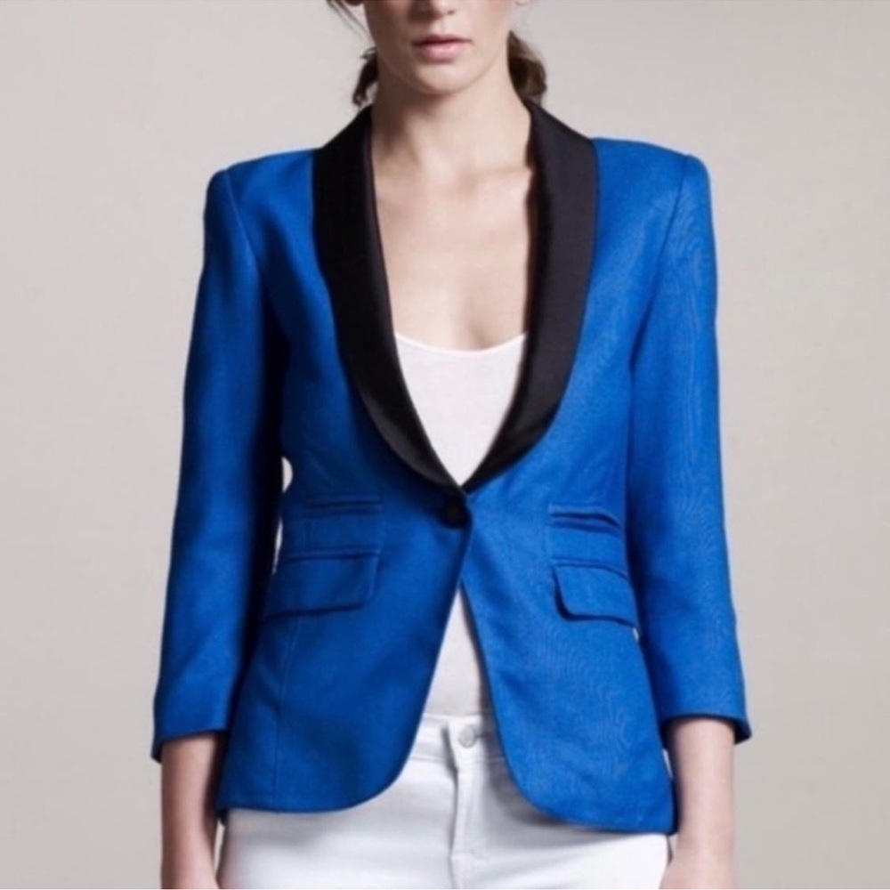 SMYTHE Les Vestes Tuxedo Blazer Womens 2 Blue Black Tuxedo Style Cotton Silk